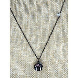 Betsey Johnson Rhinestone Cupcake Pendant Necklace With Pearl & Heart Accents